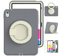 Jenyoog for iPad 10th Generation 2022 iPad 10.9 Inch Case, Shockproof Protective Rugged Case with Pencil Holder/ 360° Swivel Stand/Handle Grip for 10.9” iPad 10th Gen 2022 Release (Cream+Gray)