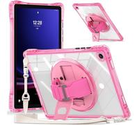 Jenyoog for Samsung Galaxy Tab A9+ Plus 11 Inch,Heavy Duty Transparent Acrylic Four-Corner Shockproof Cover with One-Click Shrink Rotating Bracket & Shoulder Strap (Pink)