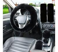 JENYOOG Plush Fluffy Steering Wheel Cover 5 Pcs 1 Set with Handbrake Cover & Gear Shift Cover & Seat Belt Pads Soft and Warm for Car Steering Wheel Protector 15 inch (Black)