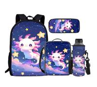 JEOCODY Backpack Set with Lunch Box, Pencil Case and Bottle Holder, Axolotl printed with star, Modern