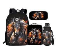 JEOCODY Backpack Set with Lunch Box, Pencil Case and Bottle Holder, Horse-Black Printed