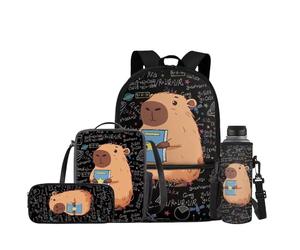 JEOCODY Kids Backpack Set 4 Piece School Bag with Lunch Bag Pencil Case Water Bottle Holder for Boys and Girls, Cute Capybara With Math Formula Printed