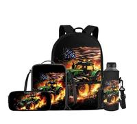 JEOCODY Kids Backpack Set, 4 Pieces School Bag with Lunch Bag, Pencil Case, Water Bottle Holder for Boys and Girls, Fire engine tractor print with American flag