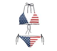 JEOCODY Women's High Waist Halter Bikini Set Two Piece Swimsuits String Triangle Bikini Sets, Vintage American Flag Printeddd, Medium