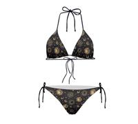 JEOCODY Women's High Waist Halter Bikini Set Two Piece Swimsuits Triangle Bikini Sets, Black Goth Sun Moon Patternsss, S