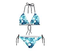 JEOCODY Women's High Waist Halter Bikini Set Two Piece Swimsuits Triangle Bikini Sets, Blue Hibiscus Flower, Medium