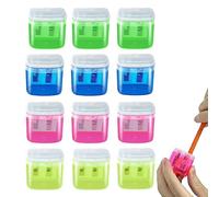 JEOPKO 12PCS Dual Holes Pencil Sharpener With Container - Colorful Magnesium Sharpener for Kids, Eyeliner, Office and School