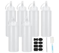 JEOPKO 6pcs Sauce Bottle 240ml,1 Cleaning Brush,1 Label Sticker,1 White Marker Pen,Bottle Squeeze Bottle With Nozzle Transparent Pointed Mouth Squeeze Bottle For Tomato Salad Dressing.
