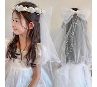 Jeorywoet 19.3" White First Communion Veil for Girls - With Light, Crystal, Bow & Flower Crown, Holy Communion Headpiece
