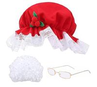 Jeorywoet 4 Pcs/Set Mrs Claus Costume Includes White Wig, Red Christmas Hat, Glasses, Hairnet One Size Old Lady Costume for Adult Christmas Cosplay White Wig