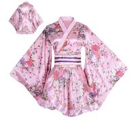Jeorywoet Japanese Kimono One Size Fits Most Kimonos for Women Imitation Silk Bathrobe Sleepwear with Obi Belt Short Geisha Yukata Floral Pattern Gown Blossom for Anime Cosplay, Japanese Dresses