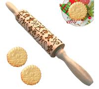 Jeorywoet Wooden Rolling Pin, 14 Inch Christmas Embossed Rolling Pin with 3D Elk Gingerbread Candy Pine Pattern