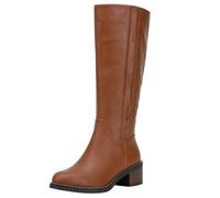 Jeossy Women's Knee High Riding Boots, Round Toe and Low Block Heel, Brown, 8 UK