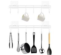 Jeowoqao Kitchen Utensil Hangers with 6 Hooks Space Saving Wall Utensils Hooks Holder No Drilling Wall Mounted Adhesive Hook Rack for Kitchen Bathroom Bedroom 2 Pack (White)