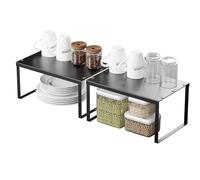 JEPEErbz Kitchen Cupboard Organiser, 2-Pack Cabinet Storage Shelf Organizer Rack, Metal Expandable Spice Holder, Stackable Storage Shelves for Cupboard, Shelf Insert, Countertop,Pantry (Black)