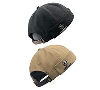jerague Cotton Brimless Docker Cap Adjustable Street Casual Lovers Visor-Less Sailor Skullcap Beanie Hat, A-Black/Khaki(2 Pack), One Size