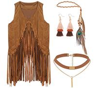 jerbro 4 Pack Hippie Costumes Fancy Dress Set 60s 70s Fringe Vest + Peacock Feather Headband + Tassel Earrings + Collar Disco 70s Outfits Halloween Carnival Cosplay Themed Party Dress Up (S), Brown