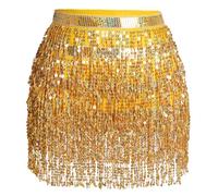 Jerbro Women's Belly Dance Skirt with Sequin Hip Scarf & Tassel - Wrap Cowgirl Rave Costume (UK, Alpha, M, Gold)