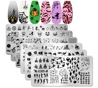 JERCLITY Pack of 6 Halloween Nail Stamping Plates Halloween Nail Stamping Plates for Nails Cobwebs Witch Ghost Skull Jack-o'-Lantern Haunted House Picture Plates Nail Stamp Kit for Halloween Nail Art