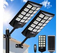 Jercoda Solar Street Lights Outdoor 2 Pack, 6500K LED Flood Lights with Motion Sensor, Dusk to Dawn Security Lights with Remote Control, Waterproof Solar Powered Lighting for Garden Yard Parking Lot