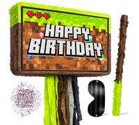 Jergrim Mining Pixel Pinata 4 Piece Set, Perfect For Happy Birthday Decorations, 16"x11" Piñata Level Up, Gaming & Video Game Celebrations For Boys, Fits Party Favors & Candy