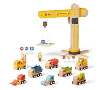 JERIDOO Interactive Wooden Construction Toy Crane, Rotating Base, Lifting Hook, with Vehicles, Excavator, Cement Mixer and Road Signs, 18-Piece Set for Toddlers 3-6, 8, Non-Toxic Wood, Parent-Designed