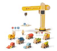 Jeridoo Wooden playset Crane Command Fleet, 18-Piece Set for Toddlers 3-5, 8 vehicales, Road Sighs, Non-Toxic Wood, Parent-Designed.