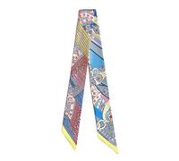 JERLA 100% Mulberry silk Scarf Head Hair Ribbon Handbag Handle wrap Tie Bundle Neckerchief Scarf for women, Saddle Blue and Yellow, 33.5"×1.97"