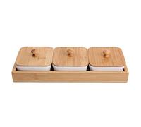 Jerliflyer Appetizer Serving Plate, Ceramic Appetizer Serving Plate with Bamboo Tray Cover for Fruits Nuts Desserts with Lid for Party, Wedding, Birthday(3-Compartment)