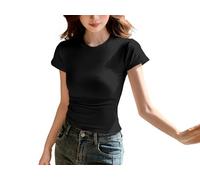 JEROZIYANT Women's Basic T-Shirt Short Sleeve Round Neck Slim Fit Solid Color Tee Tops Summer Pumiey Dupe Y2K Crop Top for Casual Club Streetwear (UK, Alpha, XL, Regular, Regular, Black)