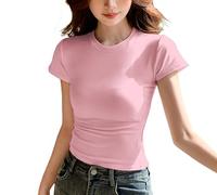 JEROZIYANT Women's Basic T-Shirt Short Sleeve Round Neck Slim Fit Solid Color Tee Tops Summer Pumiey Dupe Y2K Crop Top for Casual Club Streetwear (UK, Alpha, XS, Regular, Regular, Pink)
