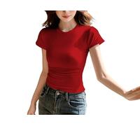 JEROZIYANT Women's Basic T-Shirt Short Sleeve Round Neck Slim Fit Solid Color Tee Tops Summer Pumiey Dupe Y2K Crop Top for Casual Club Streetwear (UK, Alpha, M, Regular, Regular, Red)