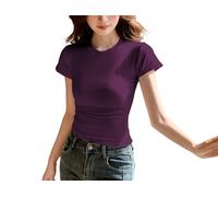 JEROZIYANT Women's Basic T-Shirt Short Sleeve Round Neck Slim Fit Solid Color Tee Tops Summer Pumiey Dupe Y2K Crop Top for Casual Club Streetwear (UK, Alpha, XL, Regular, Regular, Deep Purple)