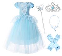 JerrisApparel Girls Cinderella Princess Costume Puff Sleeve Fancy Party Dress up (5 Years, Blue with Accessories)