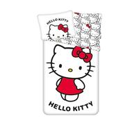 Jerry Fabrics Hello Kitty Single Duvet Cover Set, White with Red, 100% Cotton, 140 x 200 cm with Pillowcase 70 x 90 cm, Zip Closure