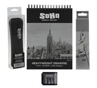 Jerry's Artarama Back to School Graphite Artist Drawing Bundle - Silicone Notebook Pencil Pouch, Raffine 6-Piece Graphite Pencil Set, 8x10" Spiral Bound 135 lb. Sketch Pad & 3-Hole Pencil Sharpener