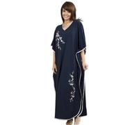 Jersey Embroidered One Size Satin Trim Kaftan in Navy