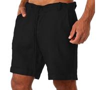 Jersey Shorts for Men UK Linen with Button Closure and Belt Loops Casual Fit Folded Hem Lightweight Breathable Fabric Black