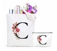 Jersries Floral Initial Canvas Bag Gifts for Women - Personalised Tote Bag & Make Up Bag Set for Bridesmaids Favours Christmas Graduation Gift for Her Teacher Girls Teens Friend Sister (Initial C)