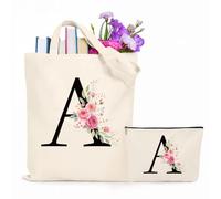 Jersries Floral Initial Canvas Bag Gifts for Women - Personalised Tote Bag & Make Up Bag Set for Bridesmaids Favours Christmas Graduation Gift for Her Teacher Girls Teens Friend Sister(A)