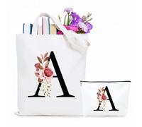 Jersries Floral Initial Canvas Bag Gifts for Women - Personalised Tote Bag & Make Up Bag Set for Bridesmaids Favours Christmas Graduation Gift for Her Teacher Girls Teens Friend Sister (Initial A)
