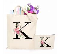 Jersries Floral Initial Canvas Bag Gifts for Women - Personalised Tote Bag & Make Up Bag Set for Bridesmaids Favours Christmas Graduation Gift for Her Teacher Girls Teens Friend Sister (K)