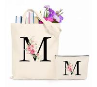 Jersries Floral Initial Canvas Bag Gifts for Women - Personalised Tote Bag & Make Up Bag Set for Bridesmaids Favours Christmas Graduation Gift for Her Teacher Girls Teens Friend Sister (M)