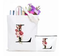 Jersries Floral Initial Canvas Bag Gifts for Women - Personalised Tote Bag & Make Up Bag Set for Bridesmaids Favours Christmas Graduation Gift for Her Teacher Girls Teens Friend Sister (Initial L)