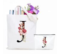 Jersries Floral Initial Canvas Bag Gifts for Women - Personalised Tote Bag & Make Up Bag Set for Bridesmaids Favours Christmas Graduation Gift for Her Teacher Girls Teens Friend Sister (Initial J)