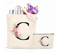 Jersries Floral Initial Canvas Bag Gifts for Women - Personalised Tote Bag & Make Up Bag Set for Bridesmaids Favours Christmas Graduation Gift for Her Teacher Girls Teens Friend Sister (C)