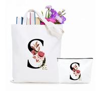 Jersries Floral Initial Canvas Bag Gifts for Women - Personalised Tote Bag & Make Up Bag Set for Bridesmaids Favours Christmas Graduation Gift for Her Teacher Girls Teens Friend Sister (Initial S)