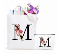 Jersries Floral Initial Canvas Bag Gifts for Women - Personalised Tote Bag & Make Up Bag Set for Bridesmaids Favours Christmas Graduation Gift for Her Teacher Girls Teens Friend Sister (Initial M)