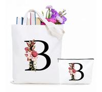 Jersries Floral Initial Canvas Bag Gifts for Women - Personalised Tote Bag & Make Up Bag Set for Bridesmaids Favours Christmas Graduation Gift for Her Teacher Girls Teens Friend Sister (Initial B)