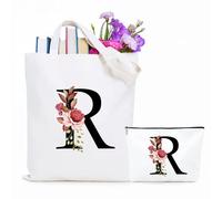 Jersries Floral Initial Canvas Bag Gifts for Women - Personalised Tote Bag & Make Up Bag Set for Bridesmaids Favours Christmas Graduation Gift for Her Teacher Girls Teens Friend Sister (Initial R)